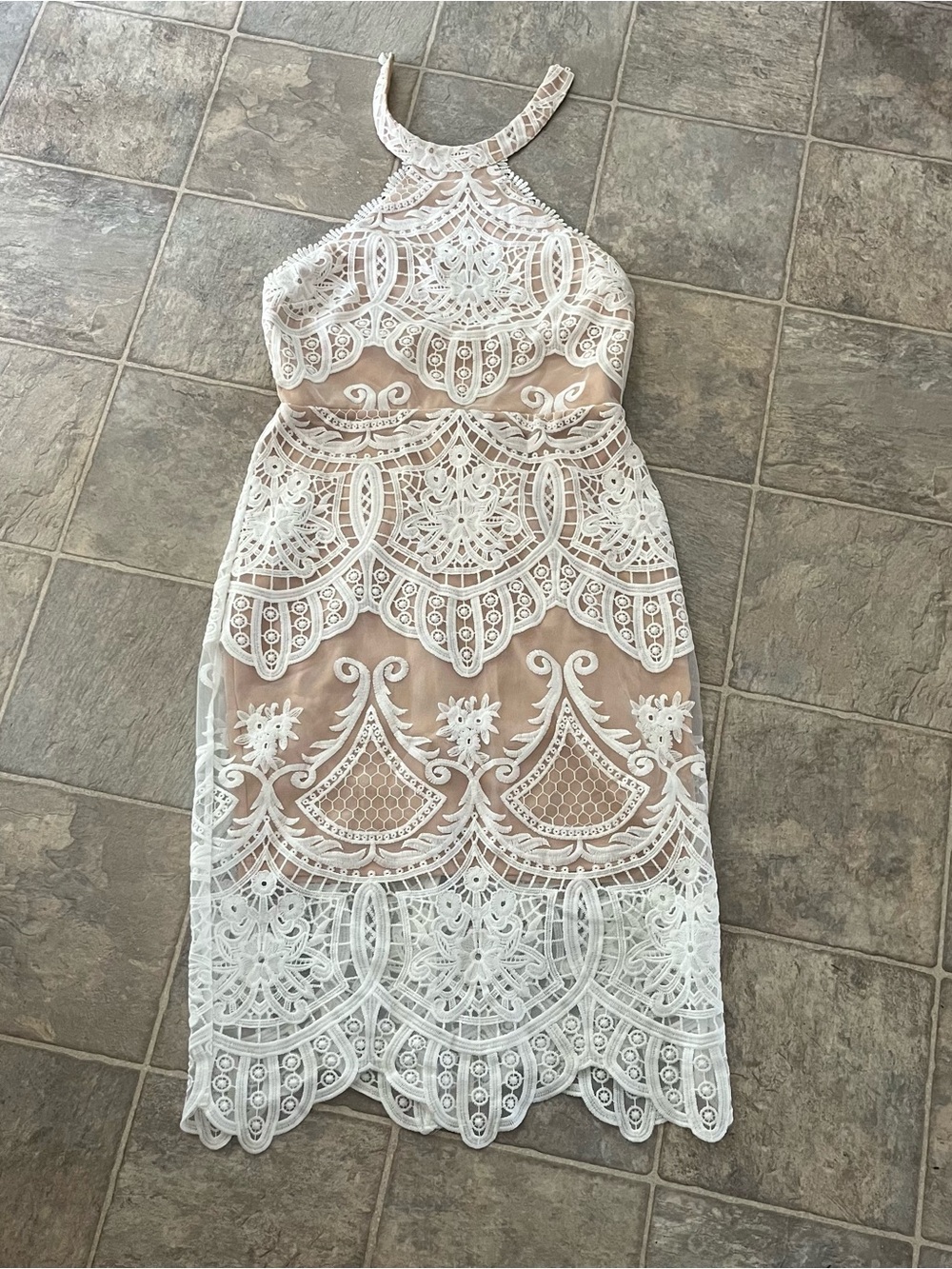 Lulus High-Neck White Lace Overlay Midi Dress